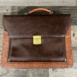 Bellerose Brown Leather Croc Print Briefcase Laptop Messenger Portfolio Bag Case
